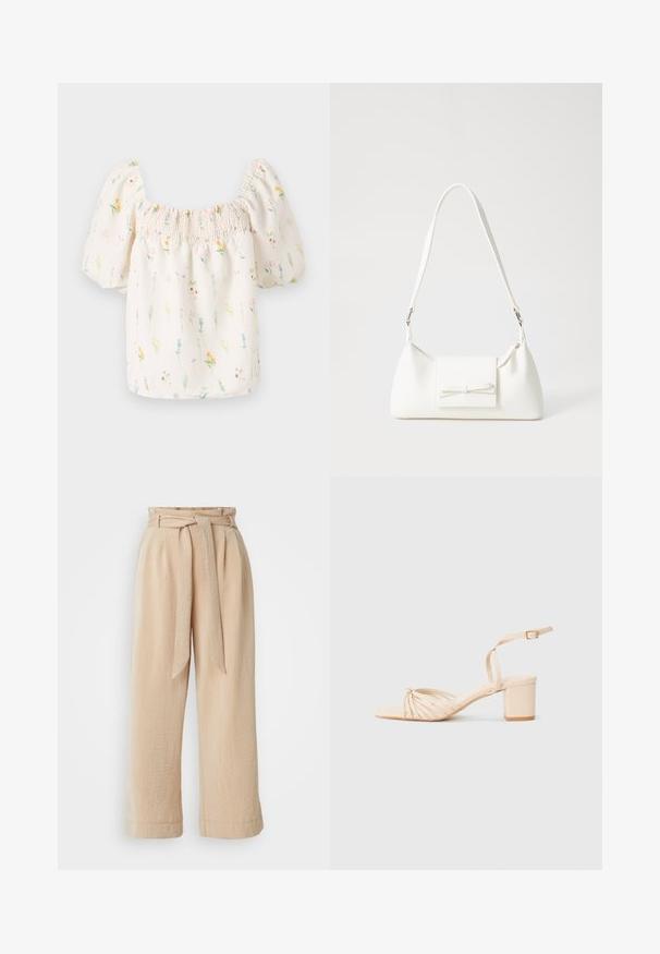 Virágmintás blúz négyzet alakú nyakkivágással, puffos ujjakkal és felhúzható rugalmas részsel a tetején. Világos krémszínű háttérrel rendelkezik, multiszínű virágmintákkal díszítve.; Beige, bőszárú nadrág övvel, textúrált anyagból készült. Elöl redő található, az alsó szél sima kivitelű.; Beige szandál, négyzetes orral, csatos elülső kialakítással, bokapánttal és tömbsarkal. Simább textúra, minimalista stílus.; Fehér szintetikus kézitáska, háromszög alakú, lapos előlap, masni részlettel, állítható pánttal, sima textúrával és minimalista dizájnnal.