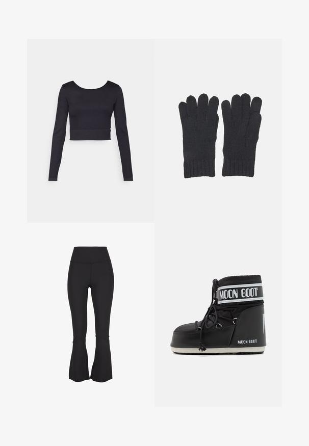 Fekete, hosszú ujjú, testhezálló crop top kerek nyakkivágással és bordázott textúrával. A szegély a derék fölött végződik, minimalista design elemekkel.; Fekete, bővülő leggings rugalmas, sima anyagból. Magas derék és a lábak alján részek találhatók, amelyek további dizájn részleteket adnak.; Fekete Moon Boot párnázott felsőrésszel, fűzővel rögzítve, jellegzetes fehér szalaggal, amelyen a logo található. Vastag, texturált gumitalp.; Fekete kötött kesztyű, bordázott mandzsettával, külön ujjnyílásokkal a teljes mozgásért. Puha textúra és egyenletes varrási részletek.