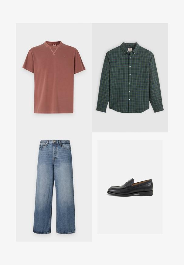Lühikeste varrukatega T-särk tolmuroosa värviga, pehmest puuvillast, ümmarguse kaelusega ja õlal väikese logo detailiga.; Pikend varrukatega nööbiga särk rohelise, sinise ja kollase ruudulise mustriga, valged nööbid ja nööbitud krae.; Laia siniste denimpükse, millel on pleekinud pesu, viie tasku disain ja nööbi sulgemine. Varustatud vööde jaoks silmadega ja õmblustega detailidega.; Mustad mustad nahast loafers, sujuva viimistlusega, ümar sirge ja dekoratiivne tikand peal. Madal ja kergelt kuhjatud konts ning kerge läige.