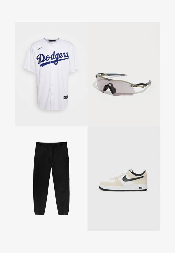Vit baseballtröja med blå "Dodgers"-tryck, knäppning framtill och korta ärmar, tillverkad av ventilerande material. Har Nike-logga på axeln.; Svarta byxor med elastisk midja och dragsko, avsmalnande ben, sidofickor och subtila sidsömsdetaljer. Mjuk bomullstyg.; Sneakers med en ljus beige mocka och vit läderöverdela, svart Nike swoosh, svarta detaljer och en vit gummisula med "AIR"-branding.; Solisar med en genomskinlig grå ram, tonade linser och en kantig design. Har en distinkt näsdel och strukturerade i mörkgrå bågar.