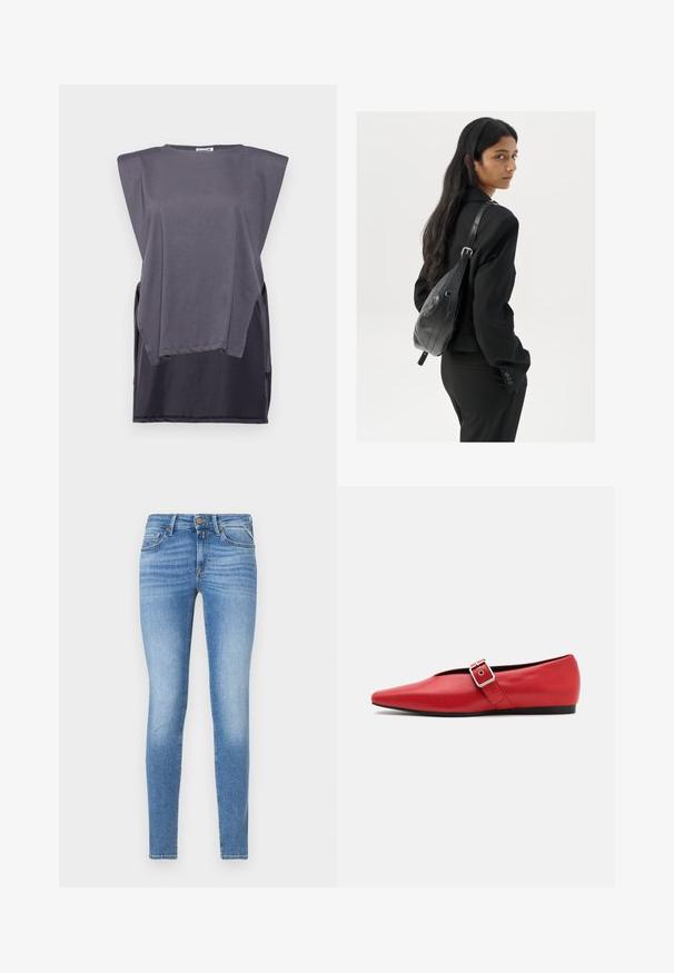 Siva majica s kratkimi rokavi iz mehkega bombaža, s sproščenim krojem, širokim dizajnom ramen in kontrastnim temnim spodnjim robom.; Tanjši modri jeans z višjim pasom, sprednjim gumbom in petimi žepi.; Rdeče usnjene balerinke s koničastim nosom, z bočnim trakom z kovinsko sponko in nizko črno peto. Gladka tekstura po celotni površini.; Ženska z dolgimi temnimi lasmi, oblečena v črn kostim, nosi črno usnjeno torbo čez ramo in se ozira čez ramo proti beli podlagi.; Zlate uhane v obliki obročkov z gladko, sijočo površino. Krožna zasnova s majhnim nosilcem in prozornim podplatom za varno nošenje.