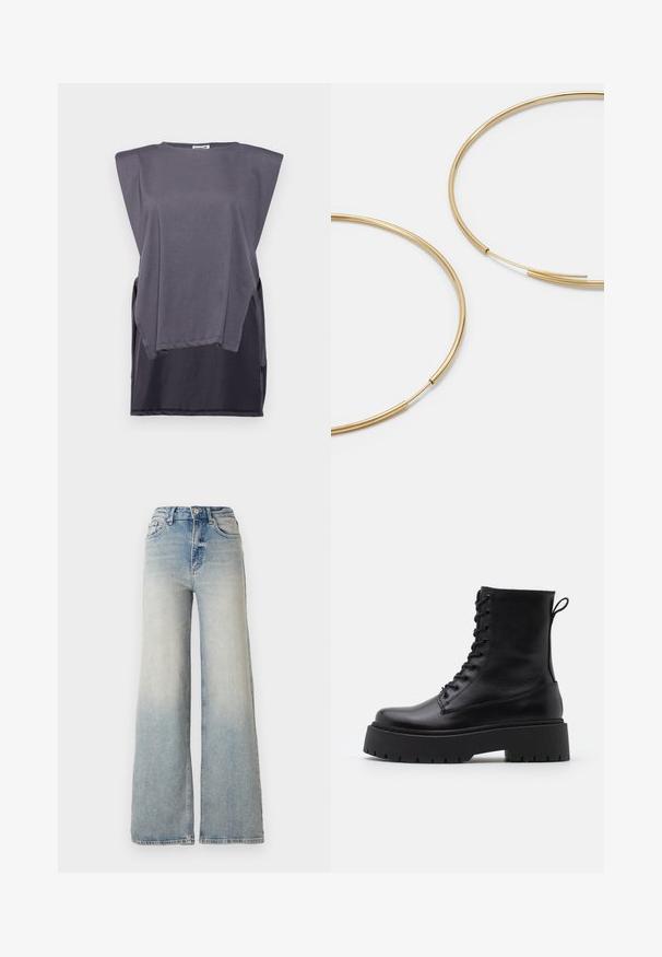 Hallhargusega lühikeste varrukatega hall T-särk, mis on valmistatud pehmest puuvillast. Särgil on mugav lõige, lai õlavarredisain ning kontrastne tume alumine äär.; Heledad sinine laia säärega teksapüksid, mis on valmistatud denimist, kõrge vöökoht, viis taskut ja nähtav õmblemine õmbluste ääres.; Mustad mustad nahast pahkluu saapad ümarate varvastega, nööridega esiosas ja paksu kummist talla ning tekstuuritud mustriga. Tagumine tõmbeaas.; Kulla värvi nõelad, õhukesed ja ümmargused, millel on sile metallist pind ja ilma kaunistuste või mustriteta.