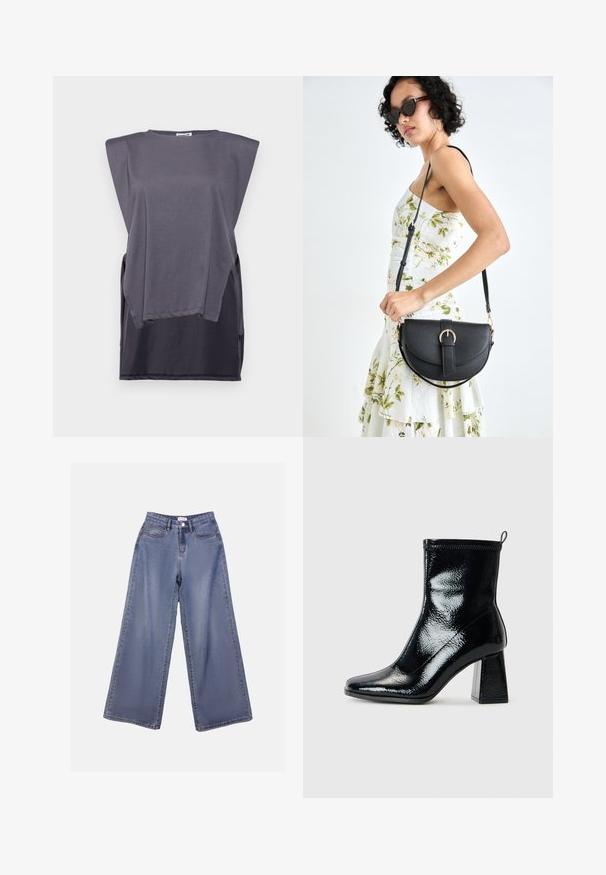 Grå t-skjorte med korte ermer laget av myk bomull, med en avslappet passform, bred skulderdesign og kontrastfarget mørk nedre kant.; Bredde ben jeans i lys blå vask, med høy livhøyde, frontlommer og knappelukking med beltehemper.; Svart patent ankelstøvel med firkantet tå og chunky geometrisk hæl. Har en jevn, shiny tekstur og en rear pull tab for enkel påkledning.; Svart lærveske med en buet form, avtagbar stropp og gullbeslag. Vesken har et klaff med spenne-detall.