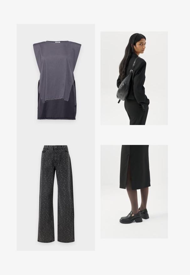Grå t-shirt med korta ärmar i mjuk bomull, med en avslappnad passform, bred axeldesign och kontrasterande mörk nedre fåll.; Noisy May NMJANNEL LOOSE - Jeans relaxed fit - black denim; Svarta läderskor med rund tå, tjock klack utan häl och elastiska sidodetaljer, kombinerat med mörka strumpbyxor och en svart kjol med slits.; Kvinna med långt mörkt hår, klädd i en svart dräkt, bärandes en svart läderaxelväska, tittar över axeln mot en vit bakgrund.; Silverfärgade hoopörhängen med en minimalistisk design. Cirkulär form, slät yta och tunn profil. Lätta med en polerad finish.