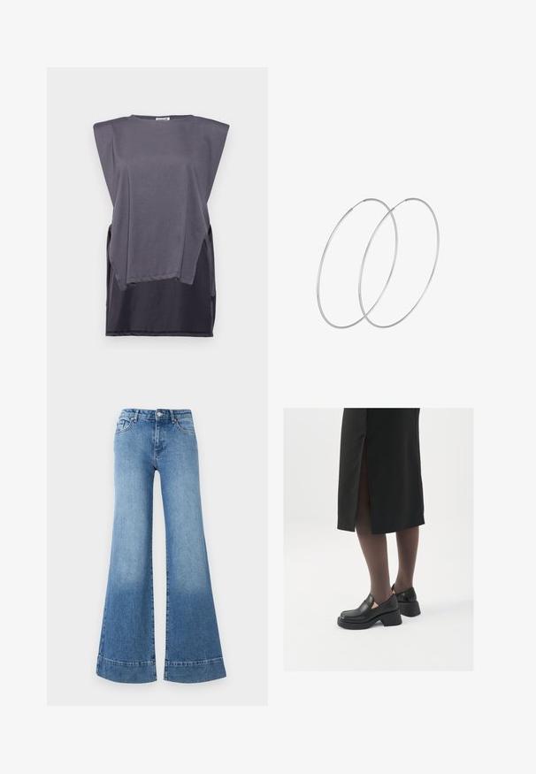 Siva majica s kratkimi rokavi iz mehkega bombaža, s sproščenim krojem, širokim dizajnom ramen in kontrastnim temnim spodnjim robom.; Svjetloplave traperice s flare krojem, visokim strukom i širokim nogavicama, te blagim izblijedjenjem. Sadrže klasičan dizajn s pet džepova i metalno dugme za zatvaranje.; Črne usnjene čevlje s zaobljenim prstom, debelim blokastim petama in elastičnimi stranskimi detajli, v kombinaciji s temno nogavicami in črno krilo z razporkom.; Srebrne uhane v obliki obroča z minimalističnim dizajnom. Krožna oblika, gladka tekstura in tanek profil. Lahki s poliranim zaključkom.