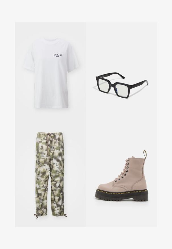 White cotton t-shirt with a relaxed fit. Features short sleeves and a small black "Carhartt WIP" logo on the left chest.; Cargo pants in camouflage pattern featuring shades of green and gray, elastic waistband with drawstring, and two side pockets.; Lace-up ankle boot in light pink leather, featuring a thick black sole with a yellow stitch detail and a pull tab at the back.; Black square sunglasses with a matte finish, featuring transparent lenses and a slight blue tint on one side. Robust, angular design.