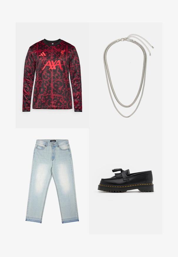 adidas Performance LIVERPOOL FC 25/26 PRE MATCH WARM TOP - Club wear - black/pure ruby; Pegador BARROW - Loose Jeans - sand washed blue; Black leather loafer with a tasseled accent, featuring a chunky black sole and yellow stitching along the edge. Textured finish.; Three-layered silver metal necklace featuring sleek, flexible chains with a slight sheen, secured with a lobster clasp and adjustable chain.