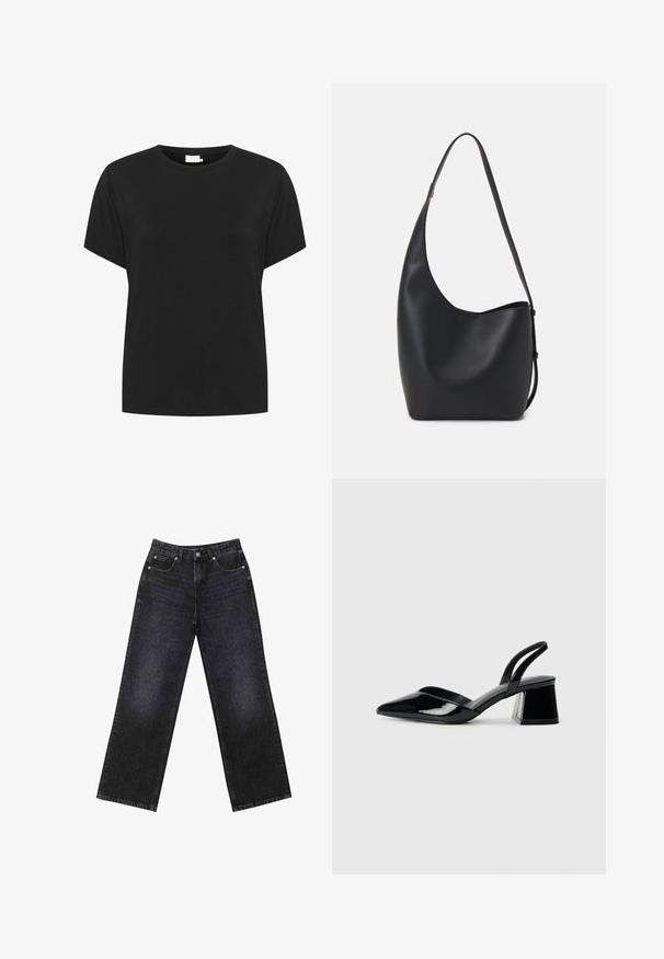 Černé bavlněné tričko s kulatým výstřihem a krátkými rukávy. Látka má hladkou strukturu a volný střih, bez viditelných vzorů.; Černé džíny s vysokým pasem a širokým střihem, pět kapsami a viditelným švem. Materiál má hladký, mírně strukturovaný povrch.; Černé lakované kožené lodičky na pásku s špičatou špičkou a geometrickým blokovým podpatkem. Vyznačují se elegantním, minimalistickým designem a hladkým povrchem.; Černá kožená hobo taška s hladkým povrchem, zakřiveným tvarem a jedním nastavitelným popruhem; má široké otevírání nahoře.