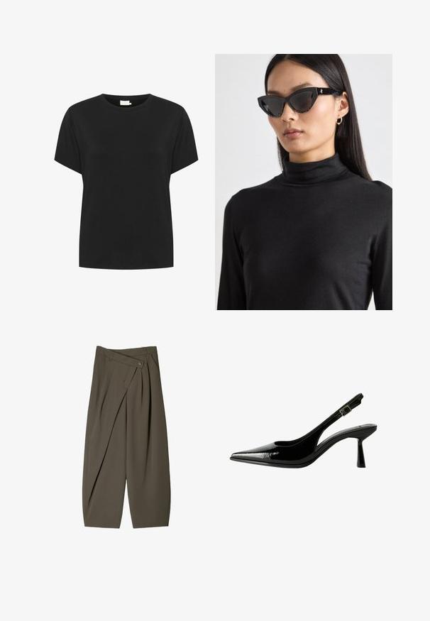 Zwarte katoenen t-shirt met een ronde hals en korte mouwen. De stof heeft een gladde textuur en een ontspannen pasvorm, zonder zichtbare patronen.; Ruime broek in donkergroen stof, met een geplooide voorkant, een knoopsluiting en een gepolijste, gestructureerde afwerking.; Zwarte gepatineerde leren slingback pump met een spitse neus, uitsparingen aan de zijkanten, een verstelbare enkelband en een dunne, slanke hak.; Zwarte cat-eye zonnebril met donkere lenzen, gestructureerde zwarte montuur en subtiele glitters. Model draagt een zwarte coltrui.; Gouden digitale klok met een rechthoekige wijzerplaat, LCD-display, roestvrijstalen band en knoppen aan de zijkant. Bevat een waterdicht label.