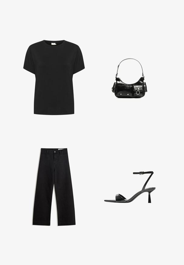 Černé bavlněné tričko s kulatým výstřihem a krátkými rukávy. Látka má hladkou strukturu a volný střih, bez viditelných vzorů.; Černé denimové kalhoty s volným střihem a vysokým pasem, vybavené předními a zadními kapsami, prošívanými švy a knoflíkovým zapínáním. Hladká textura.; Bershka Sandály na vysokém podpatku - black; Černá lakovaná kožená kabelka s křivkovým tvarem, jedním ramenním popruhem, předními kapsami a stříbrnými kovovými detaily.