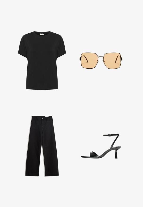 Black cotton t-shirt with a crew neckline and short sleeves. The fabric has a smooth texture and a relaxed fit, with no visible patterns.; Black wide-leg denim pants with a high waist, featuring front and back pockets, stitched seams, and a button closure. Smooth texture.; Bershka High heeled sandals - black; Square sunglasses with brown lenses and a thin black metal frame. Features angled temples and adjustable nose pads for comfort.; Brown leather tote bag with a smooth texture, open top design, and two shoulder straps. Features minimal stitching and no visible hardware.
