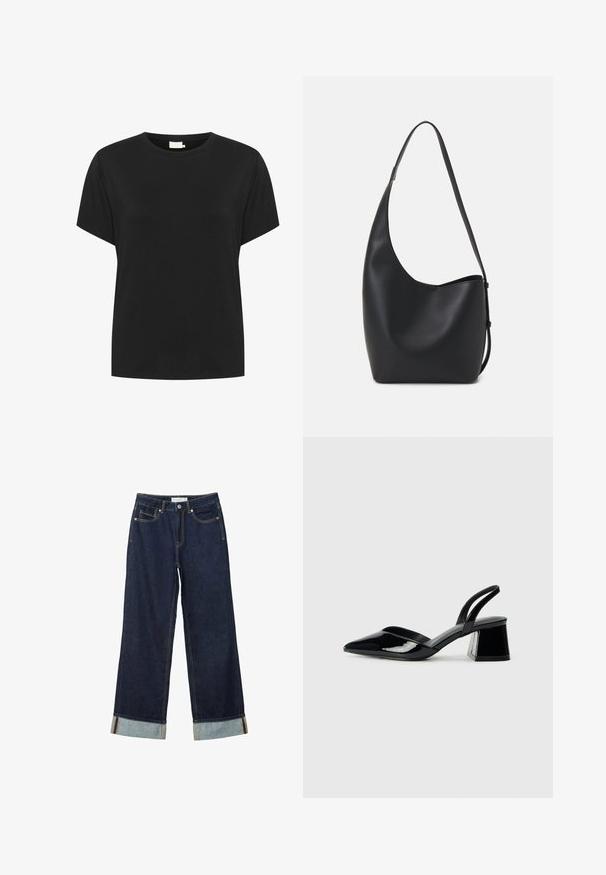 Čierne bavlnené tričko s okrúhlym výstrihom a krátkymi rukávmi. Tkanina má hladkú textúru a voľný strih, bez viditeľných vzorov.; Tmavo modré široké nohavice s vysokým pásom, s manžetami, kontrastným šitím a dizajnom s piatimi vreckami. Vyrobené z denimu.; Čierne lakované kožené sandálové podpätky s špicatou špičkou a geometrickým blokovým podpätkom. Disponujú elegantným, minimalistickým dizajnom a hladkým povrchom.; Čierna kožená hobo taška so hladkou textúrou, zakriveným tvarom a jedným nastaviteľným popruhom; má široké otvorenie na vrchu.