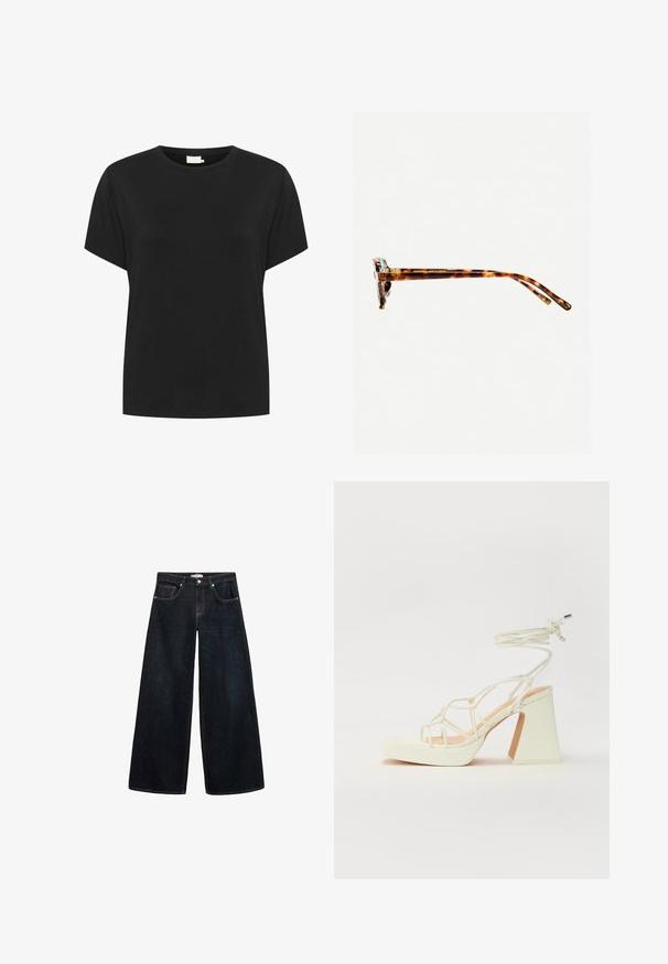 Tricou din bumbac negru, cu guler rotund și mâneci scurte. Materialul are o textură netedă și o croială lejeră, fără modele vizibile.; Jeans din denim închis, cu picioare largi și talie înaltă, având cusături contrastante, buzunare frontale și un design minimalist.; Sandale albe cu toc înalt și gros, cu un design cu curele și legătură la gleznă. Textură netedă, cu o platformă frontală pentru înălțime suplimentară.; Ochelari de soare cu ramă de țestoasă, cu un cadru gros, temple ușor curbate și textură netedă. Prezintă un design clasic, cu o finisare lucioasă.
