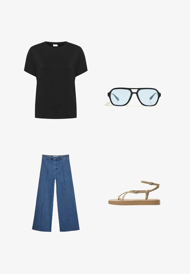 Schwarzes Baumwoll-T-Shirt mit Rundhalsausschnitt und kurzen Ärmeln. Der Stoff hat eine glatte Textur und eine lockere Passform, ohne sichtbare Muster.; Weite Jeans aus Denim in Mittelblau, mit hoher Taille, Knopfverschluss und kontrastierenden vertikalen Nahtdetails an der Vorderseite.; Beige Sandalen mit schmalen Riemen, Schnallen-Detail und gepolsterter Sohle. Die Riemen sind aus einem weichen Material gefertigt, das für Komfort und Atmungsaktivität sorgt.; Schwarze Sonnenbrille mit rechteckigen Fassungen, blaufarbenen Gläsern und einem markanten Brückendesign. Schlanke Oberfläche, dezente Textur.; Braune Leder-Crossbody-Tasche mit geschwungener Form, goldfarbenen Beschlägen und einer Schnallenakzentuierung. Verfügt über einen abnehmbaren Schultergurt.