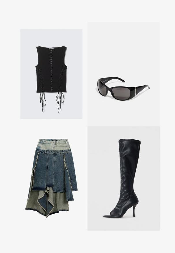 Schwarzes ärmelloses Top mit einer zentralen Reihe von Metallösen und Schnürdetails mit langen Bändern an beiden Seiten.; Jeansrock mit einem Patchwork-Design in verschiedenen Blau- und Grüntönen, fransigen Kanten, asymmetrischem Saum und mehreren Panelen.; Schwarze synthetische Lederstiefel in Knielänge mit einer spitzen offenen Zehe und einem hohen Stiletto-Absatz. Strukturierte Oberseite und glatte Oberfläche.; Schwarze Sonnenbrille mit glänzendem Kunststoffrahmen, grauen verlaufenden Gläsern und silberfarbenen Akzenten an den Seiten. Schlankes, geschwungenes Design.; Desigual Handtasche - black