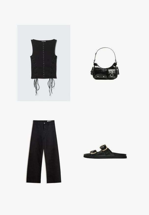 Zwarte mouwloze top met een centrale rij metalen oogjes en details van vetersluiting met lange snaren aan beide zijden.; Zwarte denim broek met wijde pijpen en een hoge taille, voorzien van voor- en achterzakken, gestikte naden en een knoopsluiting. Gladde textuur.; Zwarte slipper met twee gouden gesps, gladde textuur, platte zool en een minimalistisch ontwerp.; Zwarte laarzen in lakleer met een gebogen vorm, één schouderband, voorvakken en accenten in zilverkleurig metaal.
