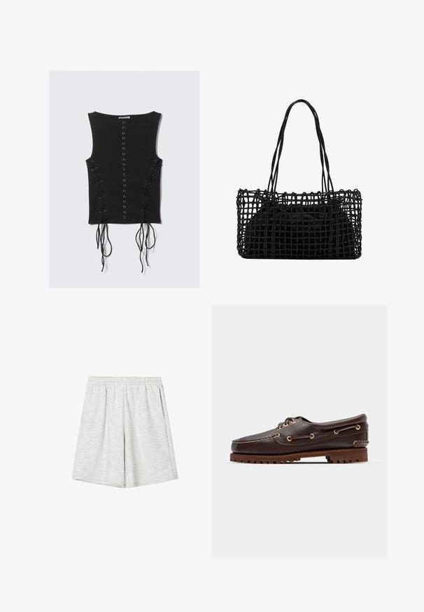 Black sleeveless top with central row of metal eyelets and lace-up details with long strings on both sides.; Light gray athletic shorts made from soft fabric, featuring an elastic waistband, loose fit, and subtle texture. No visible patterns or accents.; Brown leather boat shoe with gold eyelets, round laces, and a textured brown rubber sole. Features stitched detailing and a raised logo.; Black woven handbag with an open netted design and two long handles. Features a solid black interior bag for storage.
