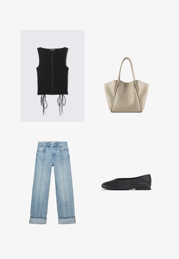 Črni brezrokavnik s centralnim nizom kovinskih očes in detajli z vezalkami z dolgimi vrvicami po obeh straneh.; Svijetloplave široke traperice s visokim strukom, koje imaju pet džepova, vidljive šavove i podvrnute rubove kod manžeta.; Črne usnjene balerinke z zaobljenim nosom in nizko peto, zasnovane za vsakodnevno ali formalno nošenje.; Bežna usnjena torba z prostornim in strukturiranim dizajnom. Ima dve dolgi ročaji in subtilne šive; brez vidne opreme.