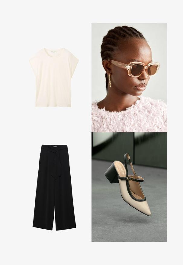 TOM TAILOR DENIM FLUENT TEE - Camiseta básica - off white; Pantalones de pierna ancha negros con un tejido texturizado, una cinturilla elástica y un lazo desmontable en la cintura para un ajuste ajustable.; Zapato slingback de punta beige con ribete negro, hebilla dorada y un tacón cuadrado grueso sobre un suelo gris con fondo verde oscuro.; Gafas de sol beige de gran tamaño con una montura transparente y lentes tintados marrones, que presentan sutiles acentos florales y un diseño geométrico audaz.