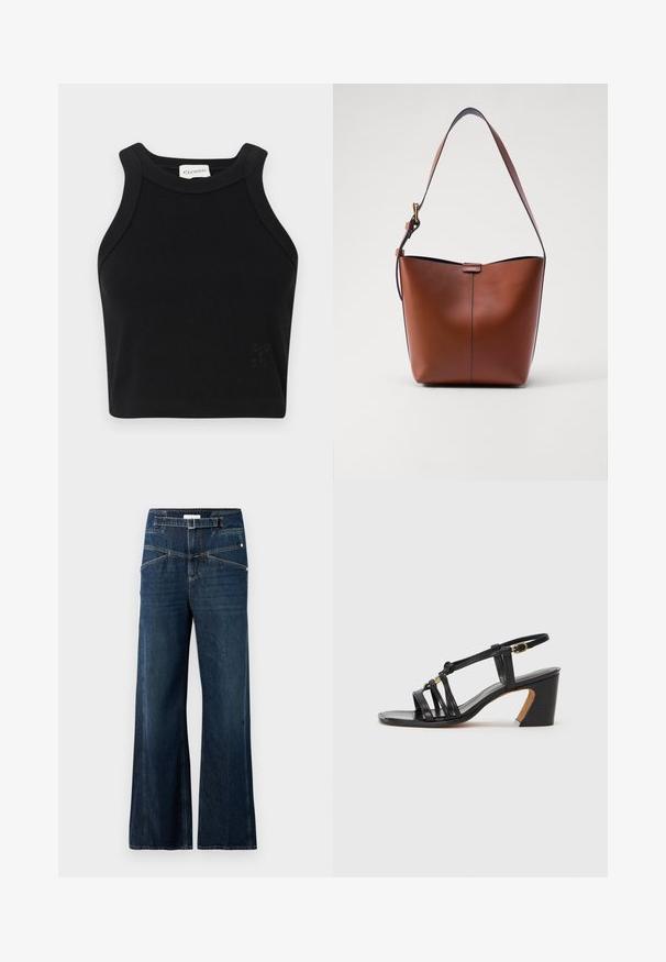 Top scurt negru cu nervuri, cu un design ajustat, bretele late pentru umeri și un detaliu subtil cu logo. Fabricat dintr-un material elastic pentru confort.; Blugi evazați din denim albastru închis, cu un talie înaltă, două buzunare frontale și detalii de cusătură contrastante.; Paul Smith AMIRA - Pantofi clasici cu toc - black; Geantă de umăr din piele maro, cu o formă curbată, textură netedă și o curea subțire. Prezintă o cusătură subtilă și un detaliu mic cu logo.