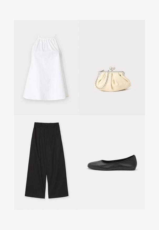 Witte haltertop van lichte stof, met een elastische halslijn en banden. Eenvoudig, losvallend ontwerp zonder patronen of versieringen.; Zwarte wijde broekspijp gemaakt van een gladde stof, met een hoge taille, voorplooien, een knoopsluiting en een rechte silhouet.; Zwarte leren ballerina met een ronde neus, gladde textuur, minimale stikdetails en een flexibele zoolontwerp.; Geplooide beige leren clutch met een zilveren metalen frame, voorzien van twee ronde decoratieve sluitingen en een zilveren kettingriem.