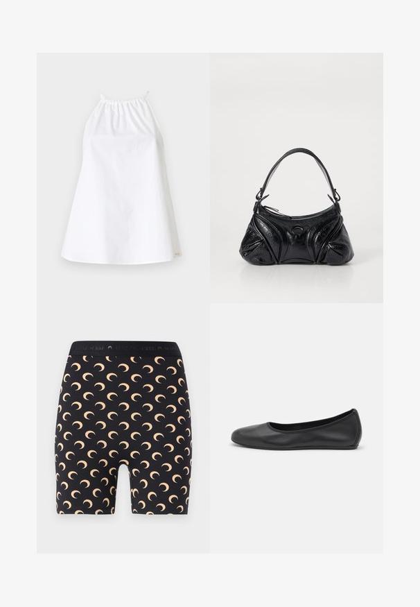 Balts halter tops, kas izgatavots no viegla auduma, ar elastīgu kakla līniju un siksnām. Vienkāršs, brīvi pieguļošs dizains bez rakstiem vai dekoriem.; MARINE SERRE MOON MINI - Šorti - inverse tan; Melna ādas baleta kurpe ar noapaļotu purngalu, gludu tekstūru, minimālu šuvju detalizāciju un elastīgu zoles dizainu.; Melna soma, kas izgatavota no strukturētas ādas ar noapaļotu formu. Tajā ir plāna plecu siksna un dekoratīvi reljefi raksti.