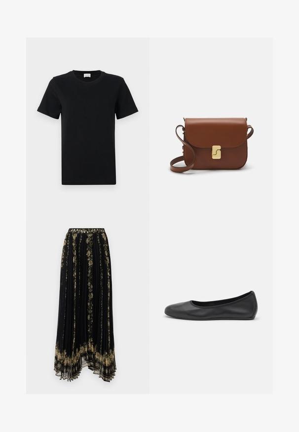 Čierne krátke tričko z bavlny s krátkym rukávom a okrúhlym výstrihom, so subtilným logom na dolnej prednej časti a rovnými okrajmi.; Čierna plisovaná sukňa s kvetinovou výšivkou v zlatých a zelených odtieňoch, s dekoračným pásom a voľným, asymetrickým lemom.; Čierne kožené baleríny s okrúhlou špičkou, hladkým povrchom, minimálnym prešívaním a flexibilným dizajnom podrážky.; Hnedá kožená kabelka s klopou, zlatými kovovými prvkami, ramenným popruhom a hladkým povrchom. Kompaktný obdĺžnikový tvar.