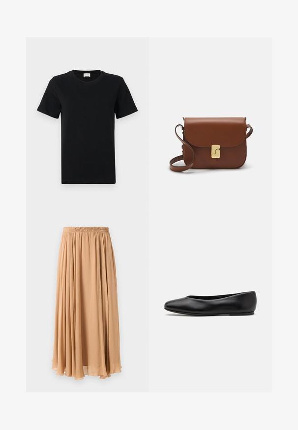 Camiseta de algodón negra de manga corta con cuello redondo, que presenta un sutil detalle de logo en la parte inferior delantera y un dobladillo recto.; Falda maxi en beige claro, confeccionada con una tela fluida. Presenta una cintura elástica fruncida y suaves pliegues para el movimiento.; Paul Smith TOPANGA - Bailarinas - black; Bolso de mano de cuero marrón con cierre de solapa, herrajes en tono dorado, correa para el hombro y una textura suave. Forma rectangular compacta.
