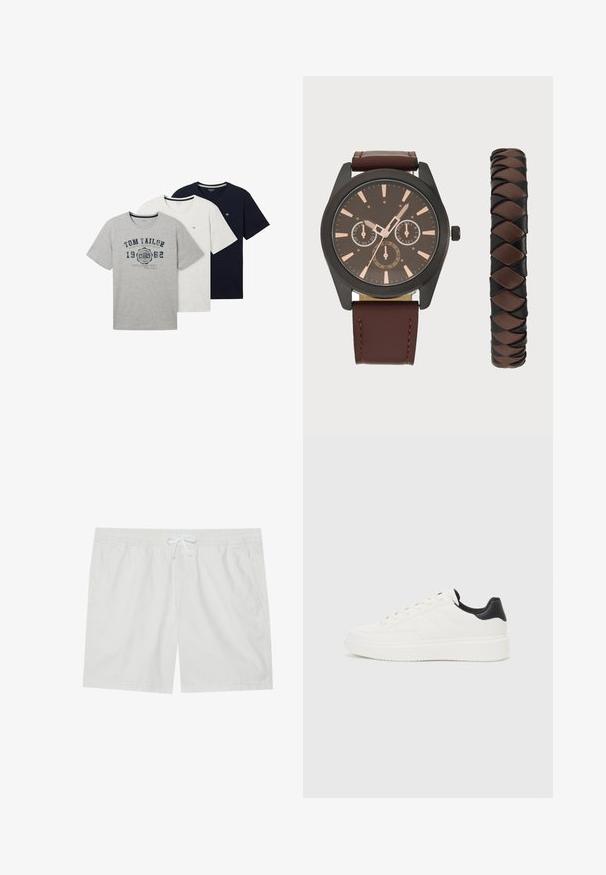 Drie T-shirts met korte mouwen in grijs, wit en marineblauw. Elke shirt heeft een ronde halslijn en unieke bedrukking op het grijze shirt. Zacht katoenmateriaal.; Witte katoenen shorts met een elastische tailleband en trekkoord, voorzien van twee zijzakken en strakke lijnen, die een eenvoudig ontwerp bieden.; Witte leren sneaker met een reliëfpatroon, textuur van de witte tussenzool en een zwarte hielaccent. Heeft een ronde neus en platte veters.; Pier One SET - Horloge - black/brown