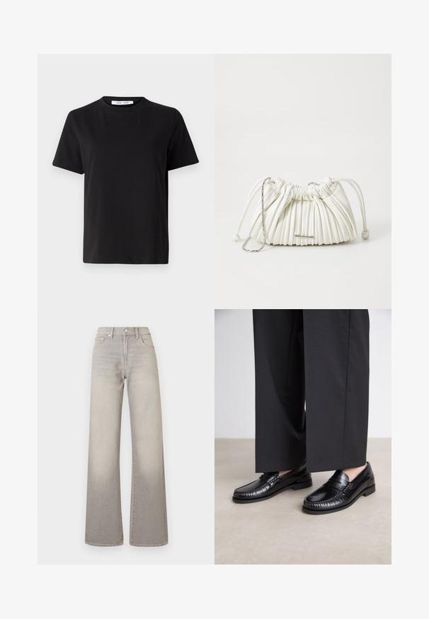 Černé tričko s krátkým rukávem vyrobené z měkké bavlny, s kulatým výstřihem, volným střihem a hladkým povrchem. Žádné viditelné vzory ani grafika.; Šedé široké džíny s vybledlým vzhledem, zapínání na knoflík, pět kapsičkový design a prošívání podél švů.; Černé kožené loafers s hladkým povrchem, prošívané detaily kolem špičky a nízkou gumovou podrážkou. V kombinaci s širokými černými kalhotami.; Bílá skládací kabelka z měkkého materiálu. Disponuje stahovací šňůrkou, pletenými rukojeťmi a stříbrnými kovovými akcenty.