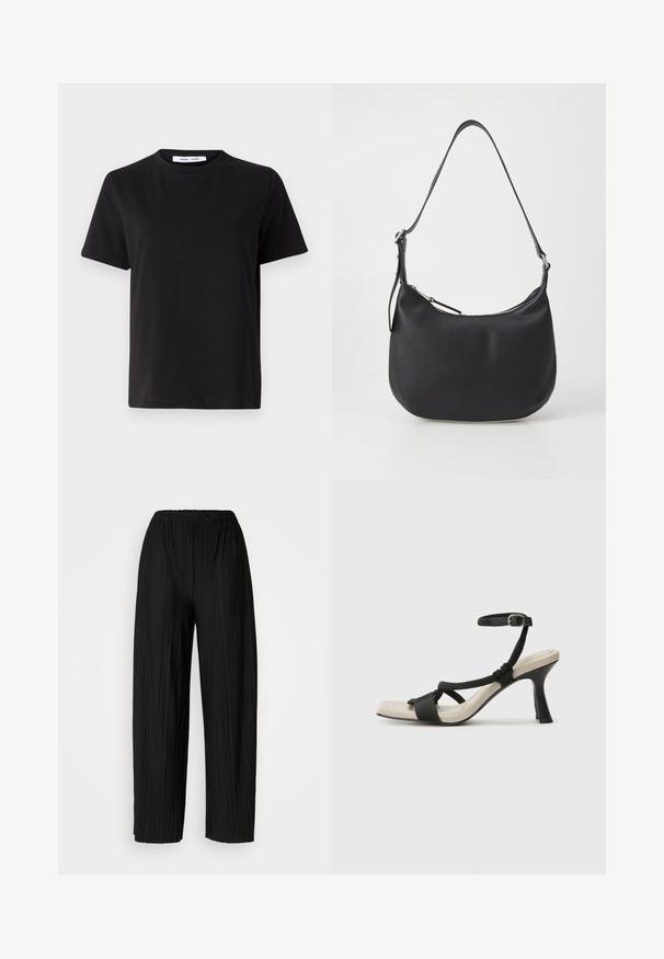 Melna īsām piedurknēm T-kreklu, kas izgatavots no mīksta kokvilnas, ar apļveida kakla izgriezumu, brīvu piegriezumu un gludu tekstūru. Nav redzamu rakstu vai grafikas.; Melni plaši svārki ar krokām un elastīgu jostu. Audumam ir vertikālas krokas un gluda tekstūra.; Melnas augstpapēžu sānijas ar pinuma siksnu dizainu, kvadrātveida purngali un regulējamu potītes siksnu. Gaismas beidzamais kāju paklājiņš ar spīdīgu melnu papēdi.; Melnas ādas pleca soma ar izliekta formu, rāvējslēdzēja aizdari un regulējamu siksnu. Priekšpusē ir izspiestā zīmola atzīme.