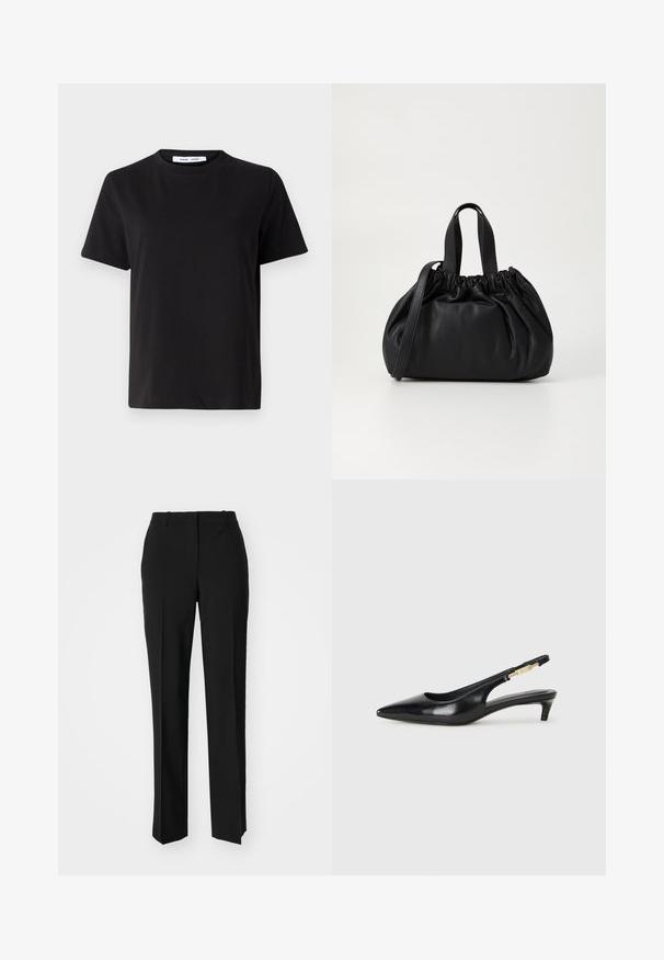 T-shirt preto de manga curta feito de algodão suave, com decote redondo, ajuste descontraído e uma textura suave. Sem padrões ou gráficos visíveis.; Calças pretas de corte ajustado com um design de perna reta, apresentando uma textura lisa e pregas bem definidas na frente. Sem hardware visível.; Saltos slingback em couro preto com bico fino, apresentando um salto esguio e um detalhe em tom dourado na alça ajustável. Textura suave.; Bolsa de couro preta com um design de topo franzido, apresentando duas alças curtas e uma alça longa ajustável. Textura suave, formato arredondado.