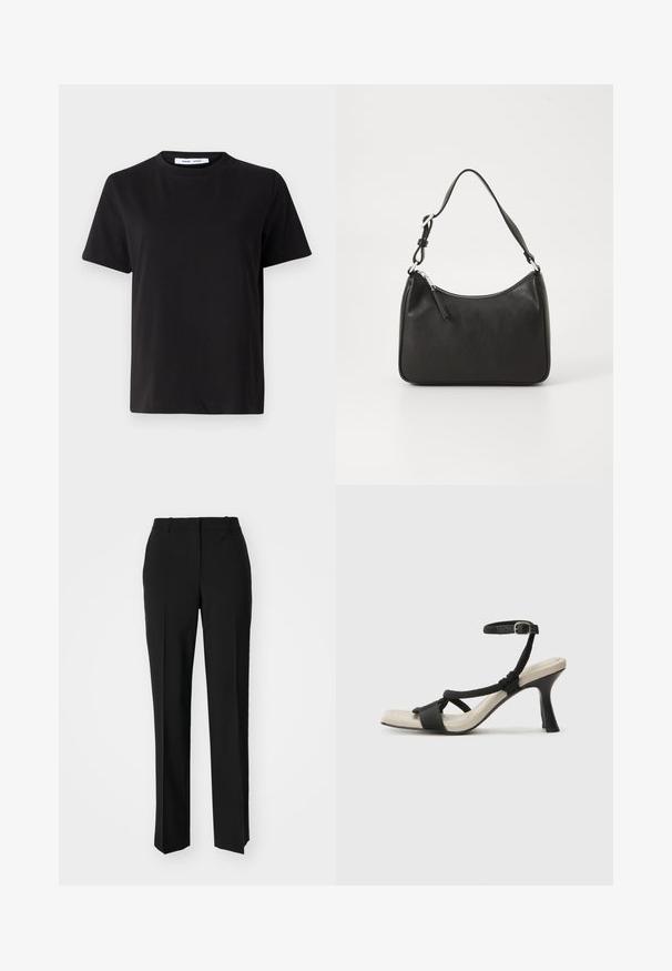 Black short-sleeve t-shirt made of soft cotton, featuring a round neckline, relaxed fit, and a smooth texture. No visible patterns or graphics.; Black tailored trousers with a straight-leg design, featuring a smooth texture and crisp creases along the front. No visible hardware.; Black heeled sandal with braided strap design, square toe, and adjustable ankle strap. Light beige footbed with a glossy black heel.; Black leather handbag with a curved shape, a single strap, zip closure, and subtle branding on the front. Smooth texture, minimalist design.