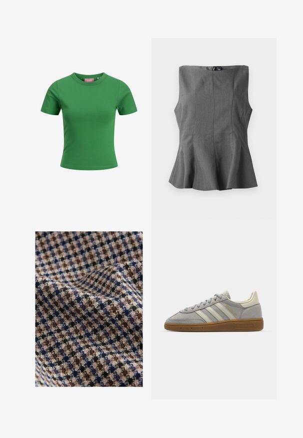 Zelené bavlnené tričko s krátkym rukávom a okrúhlym výstrihom; má hladkú textúru a slim fit strih. Etiketa viditeľná vo vnútri výstrihu.; Sivý peplum top s pevnou, bezrukávovou konštrukciou. Vyrobený z hladkej tkaniny, ktorá má vertikálne švy a rovný výstrih.; Textília v kockovanom vzore s farbami béžová, hnedá, námornícka modrá a čierna s textúrovaným povrchom. Jemný a splývavý vzhľad.; Šedé semišové tenisky s svetlosivými koženými pruhmi a gumovou podrážkou. Medzi vlastnosti patrí šnurovanie a jemné logo na jazyku.