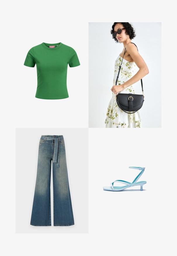 Zöld pamut rövid ujjú póló kerek nyakkal; sima textúrával és testhezálló fazonnal rendelkezik. Címke látható a nyakkivágás belsejében.; Bőszárú farmernadrág, világos és sötétkék árnyalatokkal, magas derekú, övgyűrűkkel és a nadrággal megegyező anyagú övvel. Textúrált farmer kivitel.; Világoskék, pántos szandál négyzet alakú orral, alacsony sarokkal, állítható bokapánttal és sima, fényes felülettel. Keresztezett pántok a talprétegen.; Fekete bőrtáska ívelt formával, levehető pánttal és arany színű fémrészekkel. A táskán egy csattal díszített fedél található.