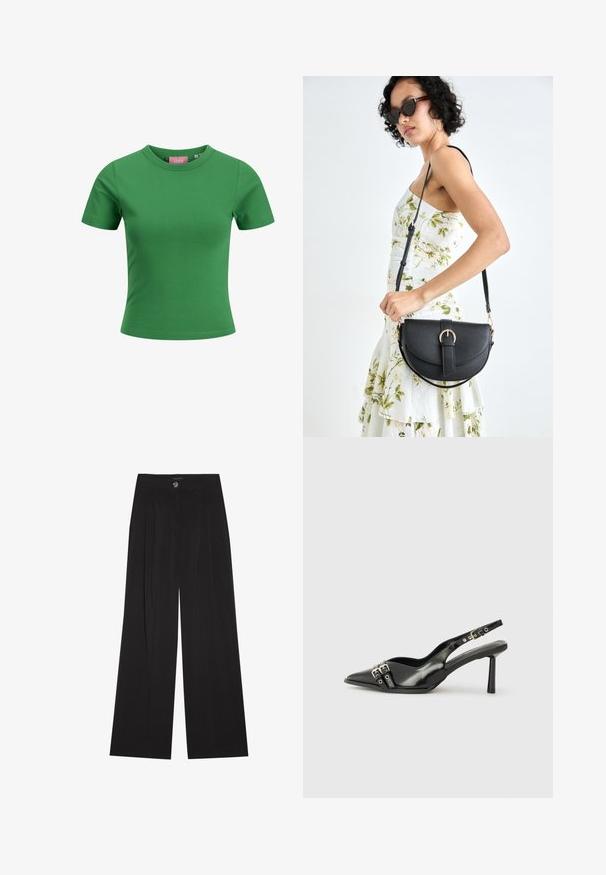 Zelené bavlněné tričko s krátkým rukávem a kulatým výstřihem; má hladkou texturu a přiléhavý střih. Štítek viditelný uvnitř výstřihu.; Černé široké kalhoty s puky, vybavené zapínáním na knoflík a dvěma bočnými kapsami; hladký materiál s módním střihem.; Černá lakovaná slingback obuv s špičatou špičkou, kotníkovými pásky s kovovými sponami a příslušenstvím, a štíhlým podpatkem.; Černá kožená kabelka s křivkovým tvarem, odnímatelným popruhem a zlatými detaily. Kabelka má klopu s přezkou.