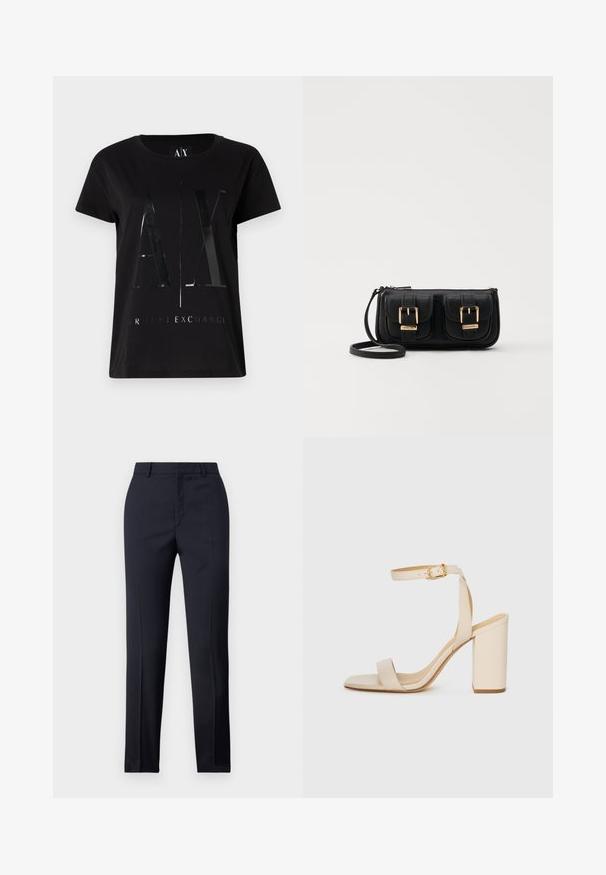 Zwarte katoenen t-shirt met korte mouwen, voorzien van een glanzend, groot "AX" logo en de tekst "ARMANI EXCHANGE" in het midden.; Marineblauwe, op maat gemaakte broek met een rechte snit, met een gladde textuur, twee zijzakken en een schone tailleband.; Beige hoge hakken sandaal met een vierkante neus, dunne enkelband en blokhak. Gladde leren textuur met een gouden sluiting.; Zwarte leren schoudertas met twee vo pockets, gouden gespen, ritsluiting en een smalle band. Tekstuur oppervlak en compacte rechthoekige vorm.