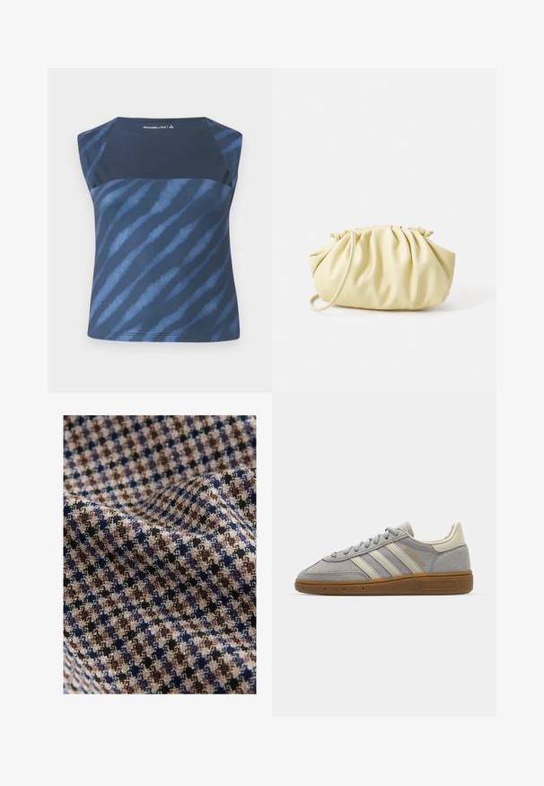 Top senza maniche blu navy con un motivo tie-dye in diverse tonalità di blu, caratterizzato da una texture liscia e un collo rotondo.; Top peplum grigio con design strutturato e senza maniche. Realizzato in tessuto morbido, presenta cuciture verticali e scollatura dritta.; Tessuto a quadri con colori beige, marrone, blu navy e nero, con una finitura strutturata. Aspetto morbido e drappeggiato.; Sneakers in suede grigio con strisce in pelle grigia chiara e suola in gomma color gomma. Le caratteristiche includono chiusura con lacci e branding sottile sulla linguetta.; Borsa plissettata gialla in morbida pelle ecologica, con una forma morbida, una sola tracolla e un design superiore arricciato.