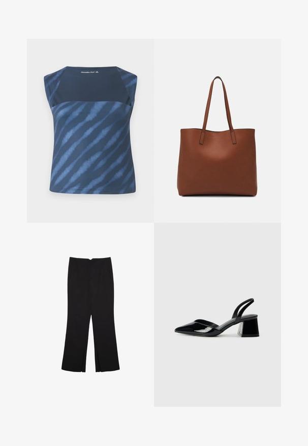 Mornarji modra brezrokavna majica s tie-dye vzorcem v različnih odtenkih modre, s gladko teksturo in zaobljenim izrezom.; Črne hlače ravnega kroja z naglavnimi žepi in stranskimi razporki na robu. Narejene iz mehke, gladke tkanine. Primerne za različne priložnosti.; Črne lakirane slingback pete s koničastim nosom in geometrijsko blokasto peto. Imajo eleganten, minimalističen dizajn in gladko teksturo.; Rjava usnjena torba z gladko teksturo, odprto zasnovo zgoraj in dvema naramnima trakovoma. Opremljena je z minimalnim šivanjem in brez vidnih kovinskih delov.