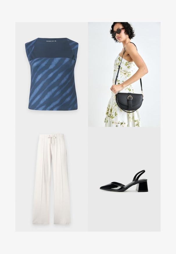 Navy blue sleeveless top with a tie-dye pattern in various shades of blue, featuring a smooth texture and a rounded neckline.; Light beige sweatpants made of soft fabric, featuring a drawstring waist, wide legs, and vertical seams, with a smooth texture.; Black patent leather slingback heels with a pointed toe and a geometric block heel. Features a sleek, minimal design and smooth texture.; Black leather handbag with a curved shape, detachable strap, and gold hardware. The bag features a flap with a buckle detail.