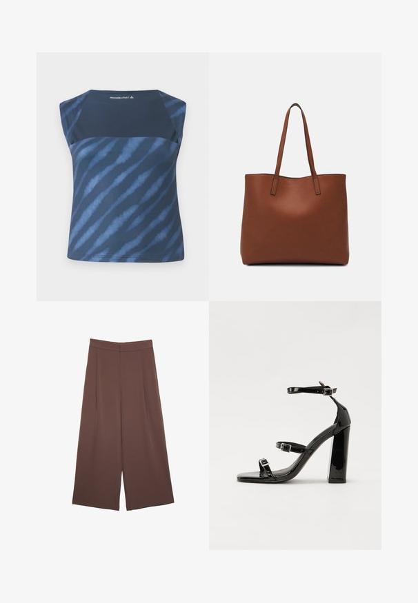 Top senza maniche blu navy con un motivo tie-dye in diverse tonalità di blu, caratterizzato da una texture liscia e un collo rotondo.; Pantaloni ampi marroni con una texture liscia, caratterizzati da una vita alta e pieghe frontali. Il tessuto è leggero e scorre liberamente.; Sandali con tacco in vernice nera, con punta squadrata, cinturini alla caviglia e fibbie in argento. Presentano un tacco a blocco spesso per maggiore stabilità.; Borsa tote in pelle marrone con texture liscia, design con apertura superiore e due spallacci. Presenta cuciture minime e nessun hardware visibile.