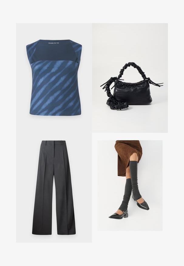 Tengerészkék, ujjatlan felső, különböző kék árnyalatokban tarka mintával, sima textúrával és lekerekített nyakkivágással.; Széles szárú nadrág sötétszürke anyagból, magas derekú, egyes redőkkel, sima textúrával és tiszta befejezéssel a szegélyeken.; Fekete lakk bőrből készült, hegyes orrú cipők, tömbsarkúakkal és bokapánttal, szürke bordás lábszármelegítőkkel és barna velúr szoknyával párosítva.; Fekete műbőr kézi táska krokodil bőr textúrával, összehúzható tetejű és gyűrt pánttal. Lágy és kompakt dizájnúnak tűnik.