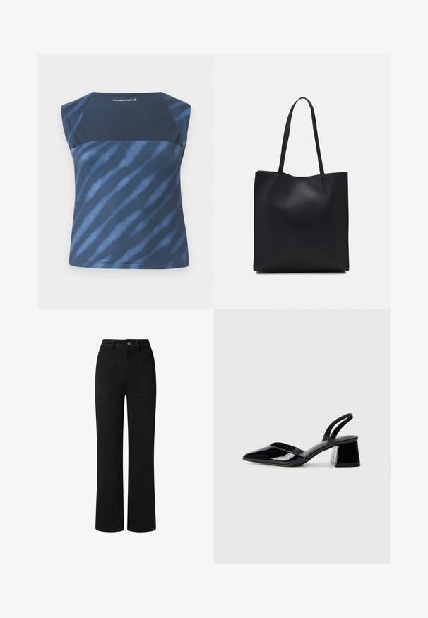 Granatowy top bez rękawów z wzorem tie-dye w różnych odcieniach niebieskiego, charakteryzujący się gładką teksturą i okrągłym dekoltem.; Czarne, wysokie spodnie o prostym kroju, wykonane z gładkiego materiału bawełnianego. Posiadają kieszenie z przodu oraz prosty metalowy guzik jako zapięcie.; Czarne lakierowane półbuty na obcasie z wydłużonym noskiem i geometrycznym słupkiem. Charakteryzują się eleganckim, minimalistycznym designem oraz gładką fakturą.; Czarna skórzana torba tote o gładkiej fakturze, prostokątnym kształcie i dwóch długich uchwytach. Brak widocznych elementów metalowych i ozdób.