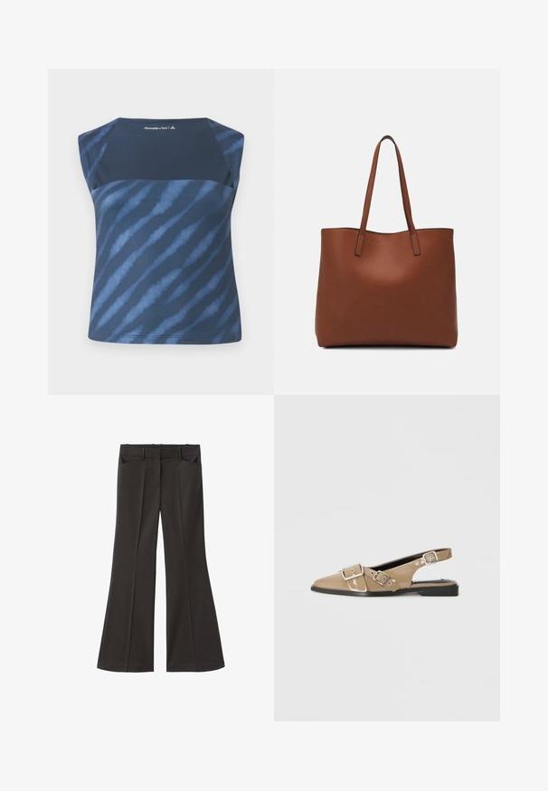 Navy blue sleeveless top with a tie-dye pattern in various shades of blue, featuring a smooth texture and a rounded neckline.; Black flared trousers with a high waist; features two front pockets and a smooth fabric texture. Suitable for various occasions.; Beige patent slingback shoes with a pointed toe, two adjustable buckles, and a low black heel. Smooth texture with a glossy finish.; Brown leather tote bag with a smooth texture, open top design, and two shoulder straps. Features minimal stitching and no visible hardware.