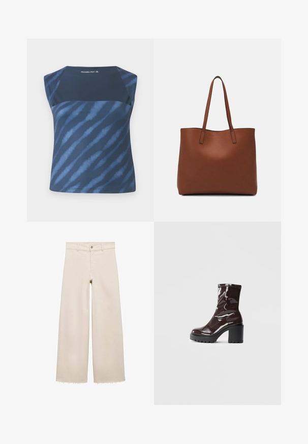 Mornarji modra brezrokavna majica s tie-dye vzorcem v različnih odtenkih modre, s gladko teksturo in zaobljenim izrezom.; Bež jeans hlače širokega kroja z visokim pasom, z zapiranjem na gumb, sprednjimi žepi in raztrganim robom. Narejene iz denima.; Sijajan škrlatank z bleščečim videzom, z masivnim črnim peto, ki se ponaša z gladko teksturo in preprostim dizajnom. Brez vidnih zapenjal ali vzorcev.; Rjava usnjena torba z gladko teksturo, odprto zasnovo zgoraj in dvema naramnima trakovoma. Opremljena je z minimalnim šivanjem in brez vidnih kovinskih delov.