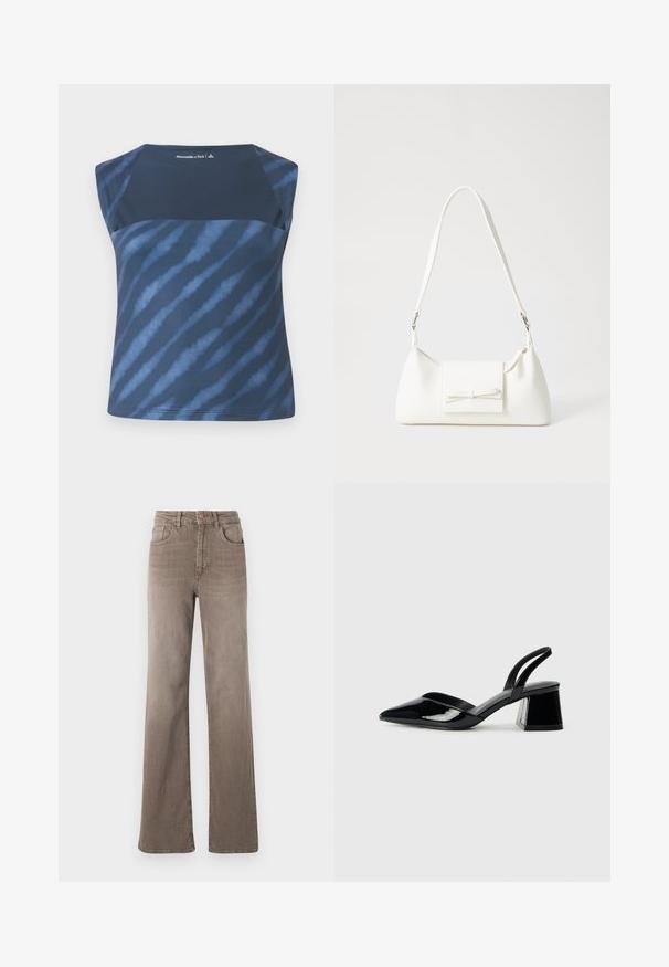 Navy blue sleeveless top with a tie-dye pattern in various shades of blue, featuring a smooth texture and a rounded neckline.; Brown high-waist straight-leg jeans with front button, belt loops, and classic five-pocket design on a white background.; Black patent leather slingback heels with a pointed toe and a geometric block heel. Features a sleek, minimal design and smooth texture.; White synthetic handbag with a triangular shape, flat front flap and bow detail, adjustable strap, smooth texture, and minimalistic design.