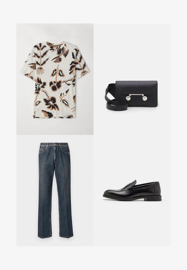 Short-sleeve T-shirt made of soft fabric, featuring a cream background with abstract floral patterns in black, brown, and light blue.; Dark blue straight-leg denim jeans with front button, zip fly, double front pockets, and visible vertical creases down the legs.; Black leather loafers with a smooth texture, rounded toe, and a decorative strap across the vamp. Low stacked heel, minimalist design.; Black leather crossbody bag with a flap closure, silver-tone hardware, and two round accents. Features a detachable strap. Smooth texture.
