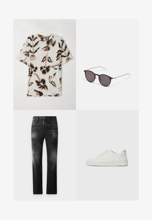 Korte mouwen T-shirt van zachte stof, met een crème achtergrond en abstracte bloemenpatronen in zwart, bruin en lichtblauw.; Zwarte denim jeans met een rechte pasvorm. Beschikt over vervaagde gebieden, lichte slijtage, klassiek vijf-pocket ontwerp en een knoopsluiting.; Witte leren sneaker met een gladde afwerking, ronde neus, platte veters en een gestructureerde zool. Kenmerkt zich door een subtiel logo op de hiel.; Zwarte ronde zonnebril met donkere lenzen en slanke metalen armen. Inclusief heldere tempelpunten en zilveren accenten bij de scharnier. Minimalistisch ontwerp.