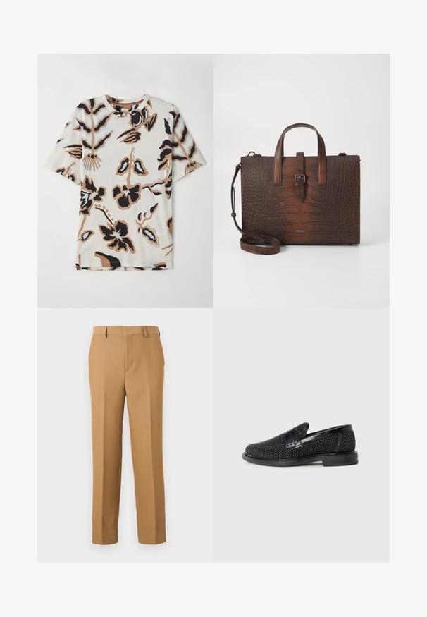 Lyhythihainen t-paita pehmeää kangasta, jossa on kreeminvärinen tausta ja abstrakteja kukkakuoseja mustana, ruskeana ja vaaleansinisenä.; Beige dressipüksid, mis on valmistatud kudumiskangast, omavad sirget lõiget, lapikut esiosa ja vöökohapritsmeid. Sile tekstuur ilma nähtavate mustriteta.; Musta kudottu liukupohjallinen kenka, jossa on sileä nahkakorostus päällisessä, pyöreä kärki ja matala kumipohja.; Ruskea krokotiilien kuviollinen nahkakäsilaukku, jossa on yläkahvat ja irrotettava olkahihna. Ominaisuuksiin kuuluu solkilukko ja suorakulmainen muoto.