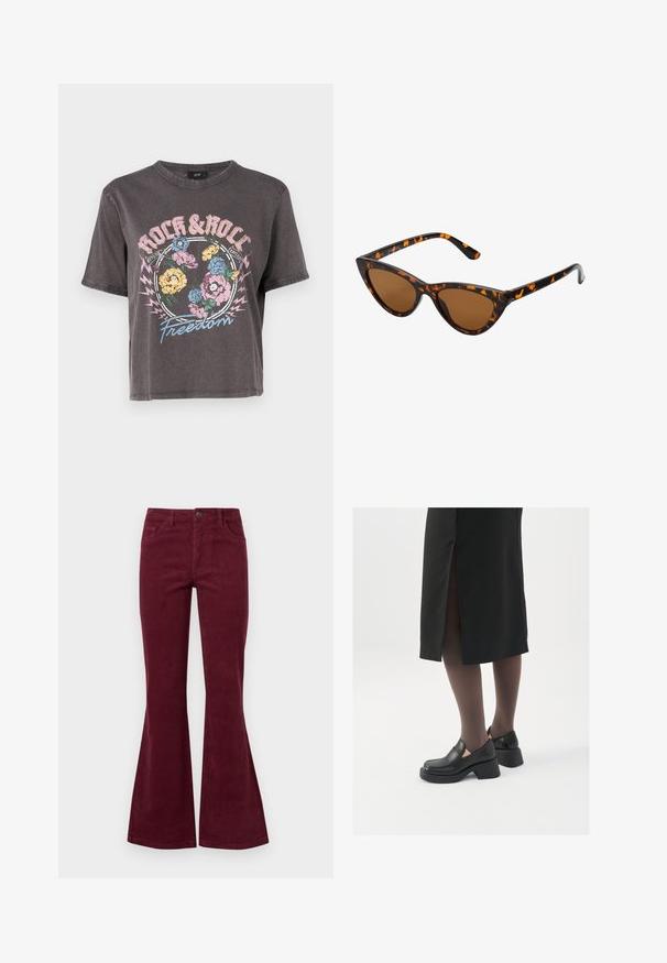 JDY JDYFAROCK ELINA - Triko s potiskem - phantom; Burgundské manšestrové zvonové džíny s pěti kapsami, předním zapínáním na knoflík a texturovanou tkaninou. Zvonové nohavice se rozšiřují od kolena až k lemování.; Černé kožené boty s kulatou špičkou, silným blokovým podpatkem a elastickými bočními akcenty, spárované s tmavými punčochami a černou sukní se rozparkem.; Sluneční brýle ve stylu kočičích očí s černo-oranžovým želvovinovým rámem, hnědými skly a elegantními, špičatými konci. Obsahují minimalistické logo na straně.